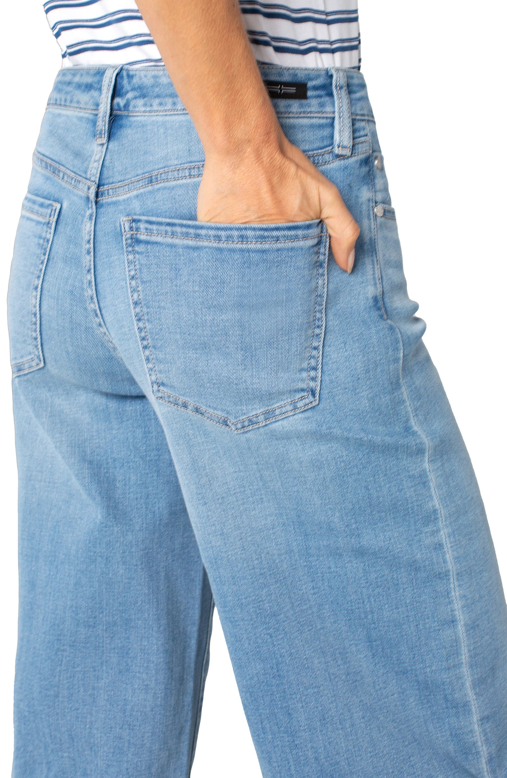 Pearls Boutique|Port Dover Ontario|Liverpool|Mid-rise cropped yacht culotte pants| colour Abbot Kinney(distressed med blue wash) in premium denim

19" inseam, 9-1/8" front rise, 24" leg opening for size 4

Set-in waistband with belt loops

Zip-fly with button closure

Slanted side pockets and flap back pockets with button closures

Relaxed yet refined culotte silhouette

Soft, stretchy fabric blend (63% Cotton, 21% Lyocell, 14% Polyester, 2% Elastane)








