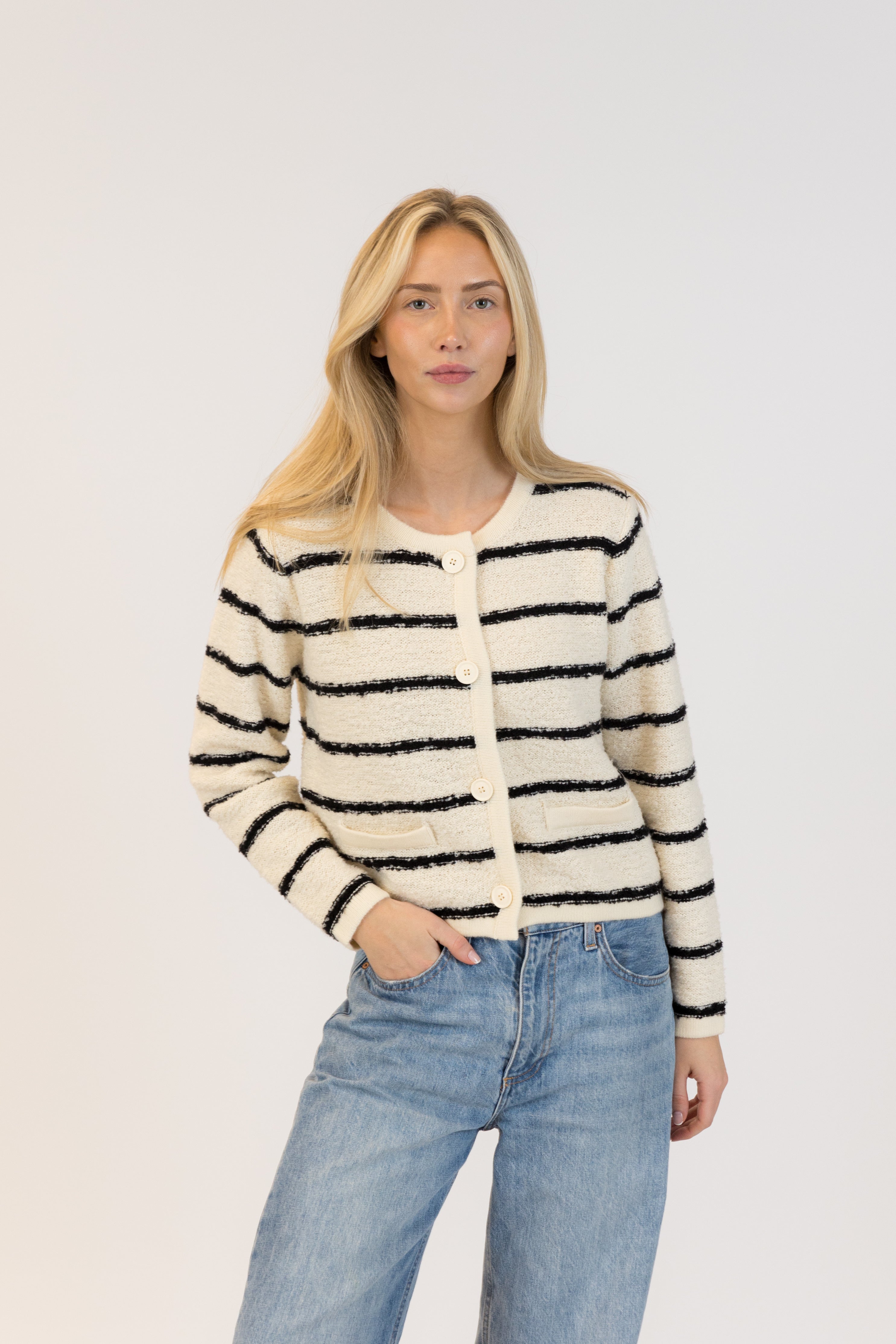 Pearls Boutique| Port Dover Ontario| Lyla + Lux | Diana Stripe Cardigan| Beige and Black stripe button front cardigan with pockets. Fitted through the shoulders, pockets, standard length. Standard fit.