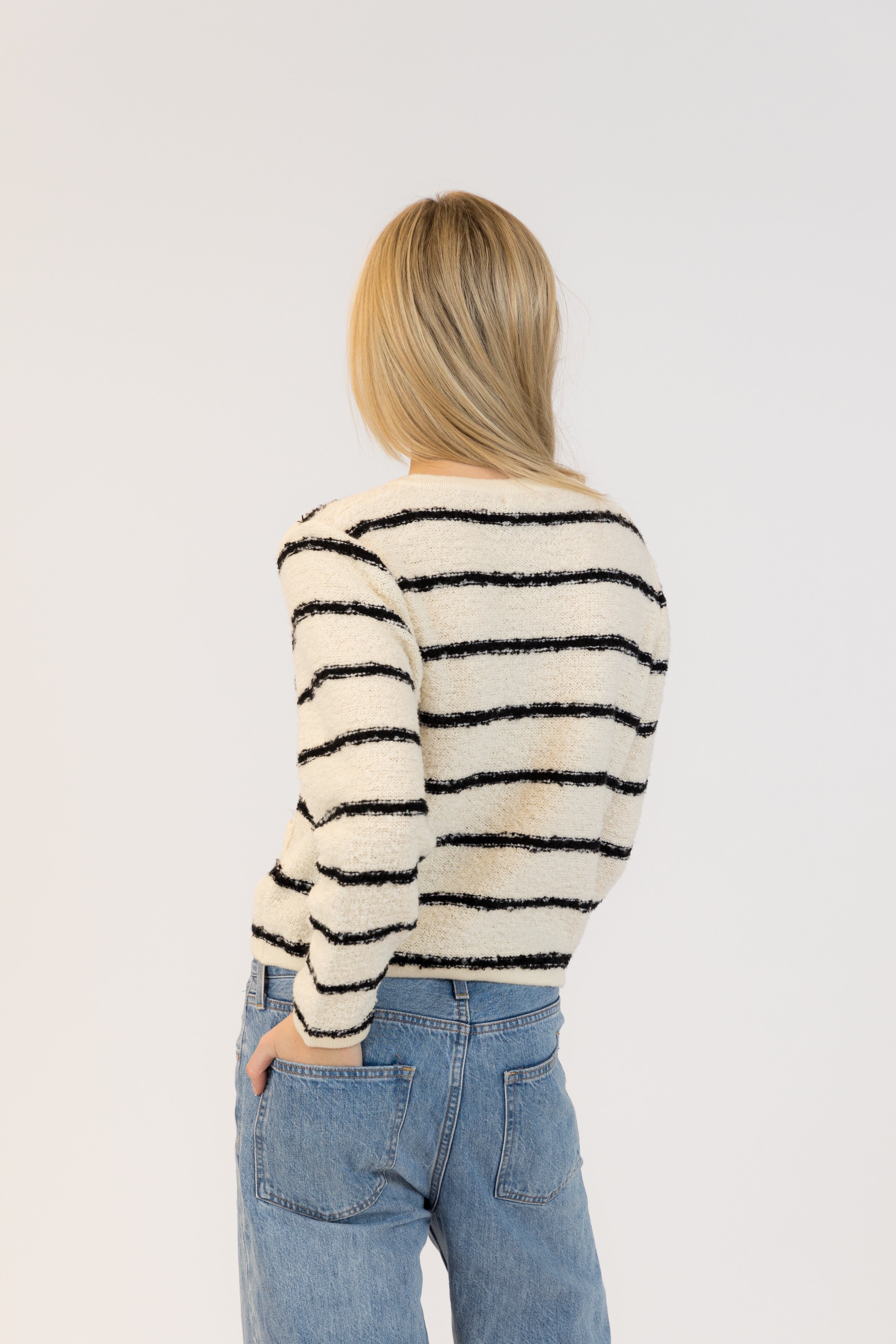 Pearls Boutique| Port Dover Ontario| Lyla + Lux | Diana Stripe Cardigan| Beige and Black stripe button front cardigan with pockets. Fitted through the shoulders, pockets, standard length. Standard fit.