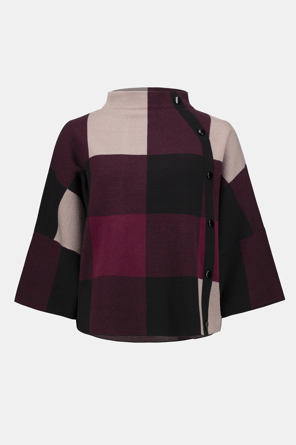 Pearls Boutique | Port Dover Ontario |Plaid Jacquard Sweater Knit Top | 243948F25-4440 colour merlot/multi. Three-tone plaid print that captures attention
Funnel neckline with side button detailing for a touch of refinement
Three-quarter bell sleeves with an effortless drape
Relaxed fit for all-day comfort and style
Crafted in a luxe jacquard sweater knit texture