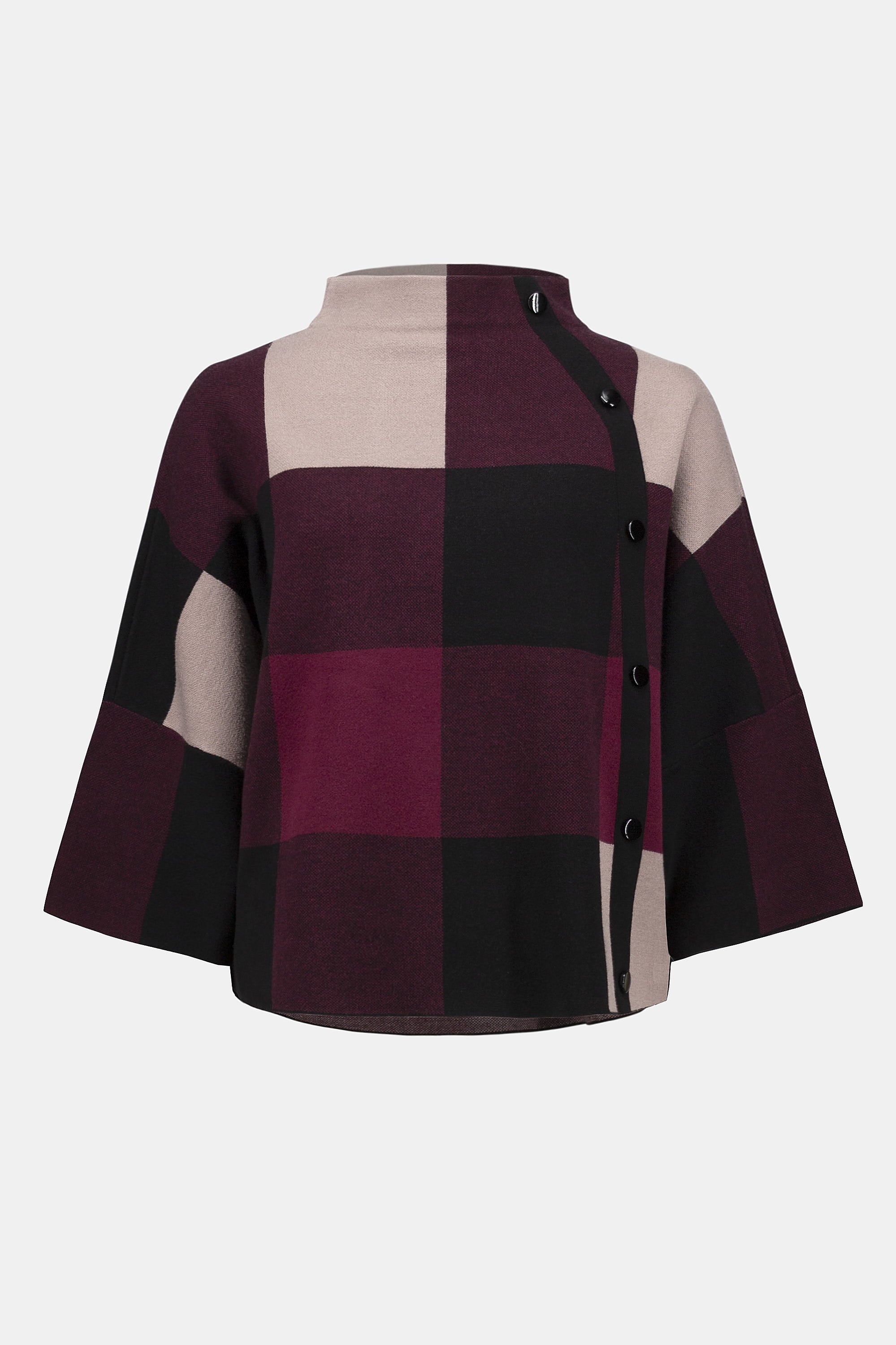 Pearls Boutique | Port Dover Ontario |Plaid Jacquard Sweater Knit Top | 243948F25-4440 colour merlot/multi. Three-tone plaid print that captures attention
Funnel neckline with side button detailing for a touch of refinement
Three-quarter bell sleeves with an effortless drape
Relaxed fit for all-day comfort and style
Crafted in a luxe jacquard sweater knit texture