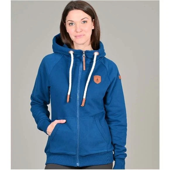 Pearls Boutique-Port Dover Ontario-Wanakome Hestia full-zip sweatshirt-Dark Duck. featuring a contoured fit and soft French terry fabric with a brushed interior. Includes an adjustable hood with thick rope drawstrings and vegan leather caps, a full-length asymmetrical zipper, and ribbed cuffs and hem. Finished with vegan leather Wanakome patch logos on the chest and sleeve, plus roomy front pockets for added comfort.
