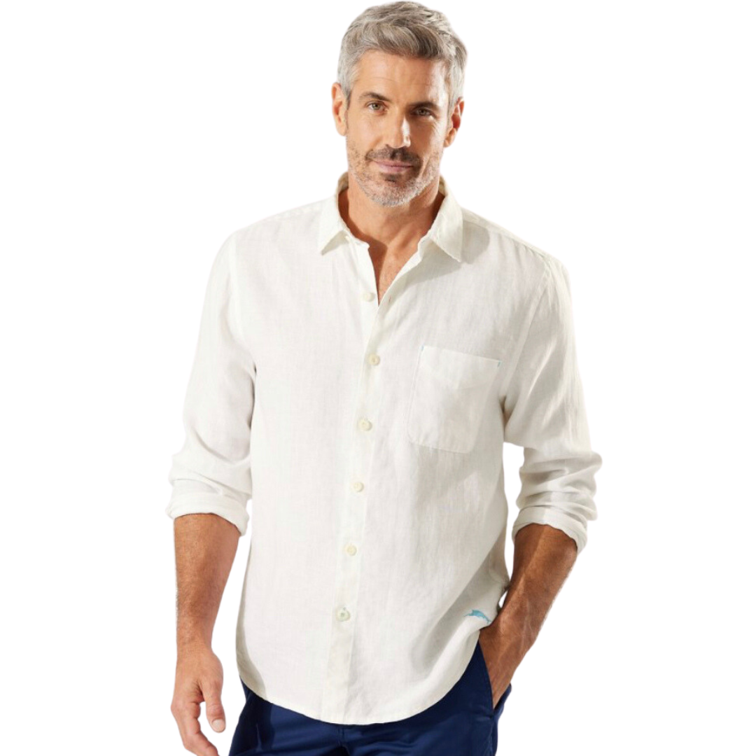 Pearls boutique - Port Dover Ontario - Tommy Bahama - Breezer Long Sleeve White Linen Shirt. Linen Button Front Shirt,long sleeve, Collar, Pocket . Experience the epitome of tropical beach relaxation in this casually luxe Breezer Linen Shirt. Constructed from ultra-soft and lightweight linen, it features a solid, pigment-dyed colour for a look that becomes more and more beautiful with time. A pocket gives you the perfect spot for your beach essentials.