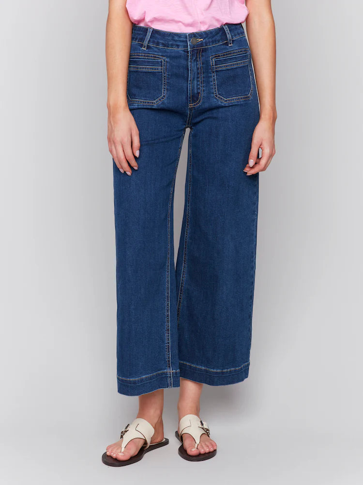 CharlieB wide leg full hem stretch patch pocket jeans.