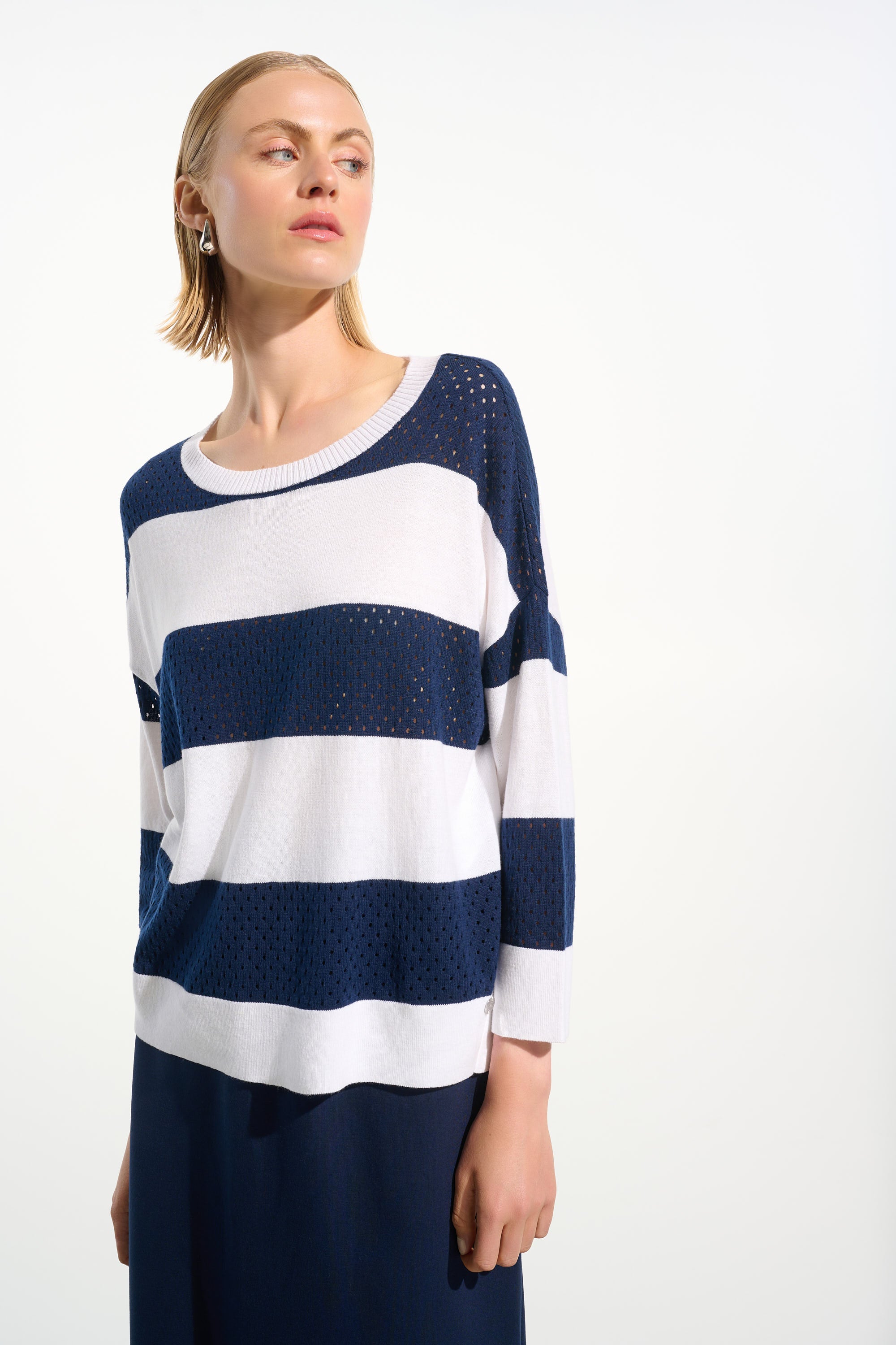 Mesh striped Joseph Ribkoff sweater, available at Pearls Boutique, Port Dover.
