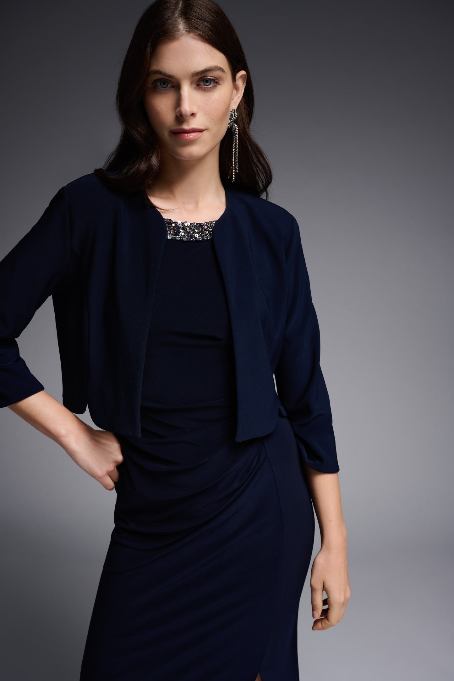 Pearls Boutique  Port Dover Ontario - Joseph Ribkoff - Navy Bolero. Style 231736  Classic Midnight Blue Balero.  3/4 Length Sleeve With Scalloped Detailing.  Curved Hemline.   Open Front.